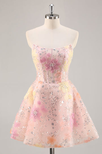 Floral Corset Sequin Strapless Pink Short Prom Dress